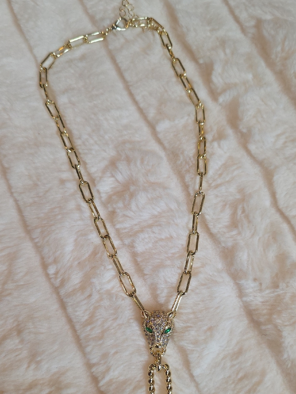 Gold Chain Necklace with Pave Leopard Pendant - Green Eye Accent